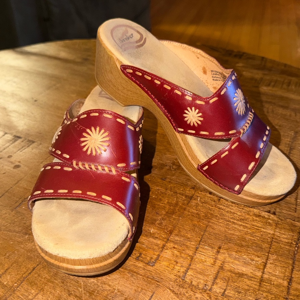 Dansko Burgundy Leather Mules with Floral Design